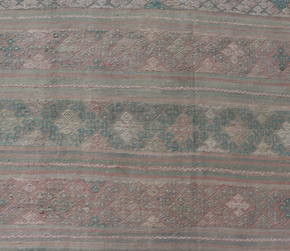 Measures: 5'9 x 11'0 Turkish Flat - Weave Hand Woven Kilim with Diamond Embroideries in Green & Pink. Keivan Woven Arts / rug EN - 14444, country of origin / type: Turkey / Kilim, circa 1950 This vintage Turkish Kilim rug features a contemporary ... - Keivan Woven ArtsEN - 14444 - 21811Rug