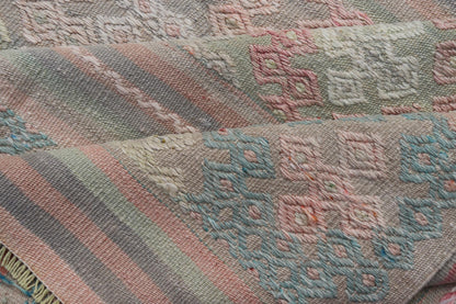 Measures: 5'9 x 11'0 Turkish Flat - Weave Hand Woven Kilim with Diamond Embroideries in Green & Pink. Keivan Woven Arts / rug EN - 14444, country of origin / type: Turkey / Kilim, circa 1950 This vintage Turkish Kilim rug features a contemporary ... - Keivan Woven ArtsEN - 14444 - 21811Rug