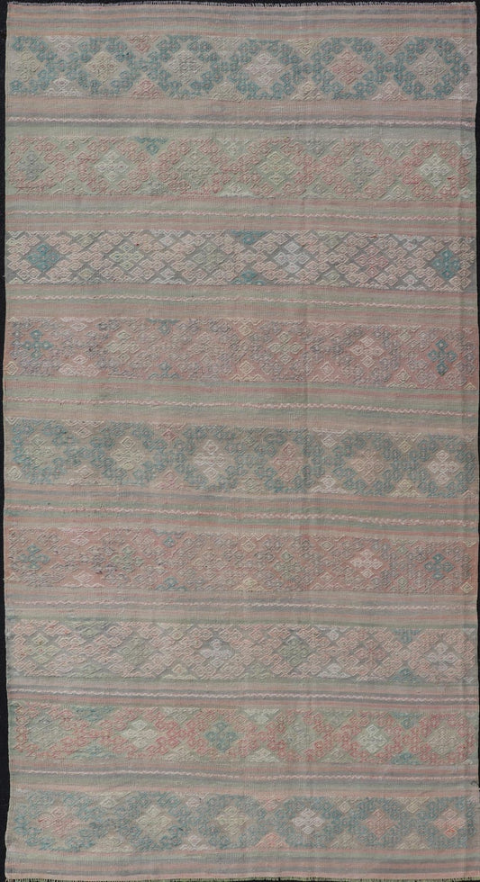 Measures: 5'9 x 11'0 Turkish Flat - Weave Hand Woven Kilim with Diamond Embroideries in Green & Pink. Keivan Woven Arts / rug EN - 14444, country of origin / type: Turkey / Kilim, circa 1950 This vintage Turkish Kilim rug features a contemporary ... - Keivan Woven ArtsEN - 14444 - 21811