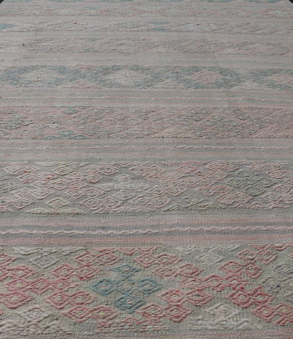 Measures: 5'9 x 11'0 Turkish Flat - Weave Hand Woven Kilim with Diamond Embroideries in Green & Pink. Keivan Woven Arts / rug EN - 14444, country of origin / type: Turkey / Kilim, circa 1950 This vintage Turkish Kilim rug features a contemporary ... - Keivan Woven ArtsEN - 14444 - 21811Rug