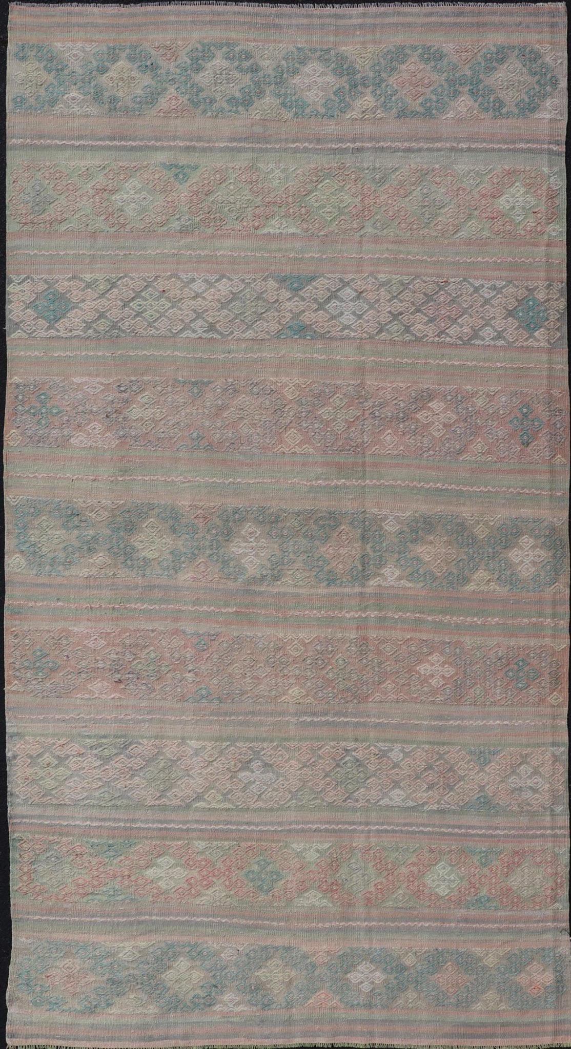 Measures: 5'9 x 11'0 Turkish Flat - Weave Hand Woven Kilim with Diamond Embroideries in Green & Pink. Keivan Woven Arts / rug EN - 14444, country of origin / type: Turkey / Kilim, circa 1950 This vintage Turkish Kilim rug features a contemporary ... - Keivan Woven ArtsEN - 14444 - 21811Rug