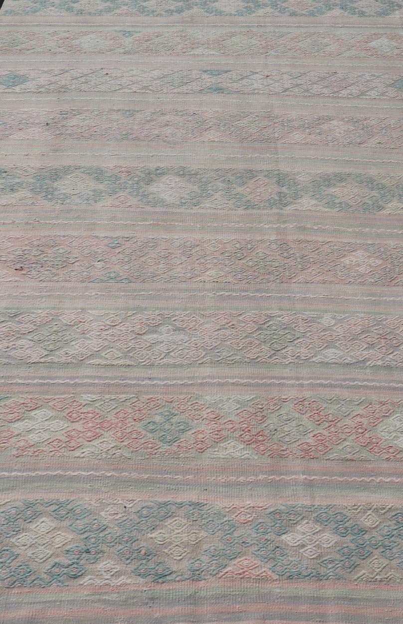 Measures: 5'9 x 11'0 Turkish Flat - Weave Hand Woven Kilim with Diamond Embroideries in Green & Pink. Keivan Woven Arts / rug EN - 14444, country of origin / type: Turkey / Kilim, circa 1950 This vintage Turkish Kilim rug features a contemporary ... - Keivan Woven ArtsEN - 14444 - 21811Rug