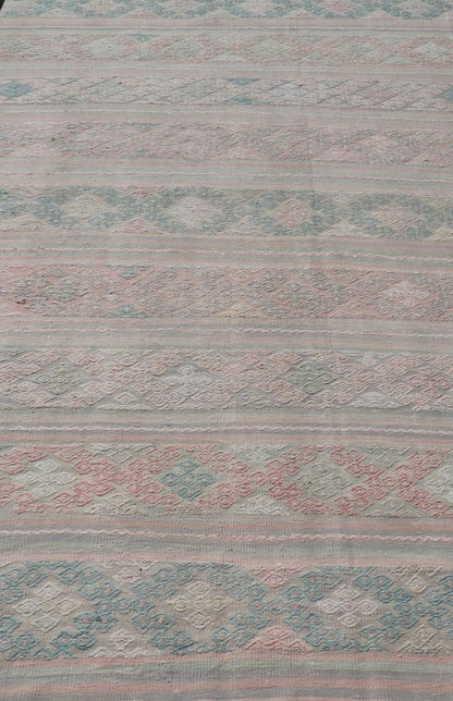 Measures: 5'9 x 11'0 Turkish Flat - Weave Hand Woven Kilim with Diamond Embroideries in Green & Pink. Keivan Woven Arts / rug EN - 14444, country of origin / type: Turkey / Kilim, circa 1950 This vintage Turkish Kilim rug features a contemporary ... - Keivan Woven ArtsEN - 14444 - 21811Rug