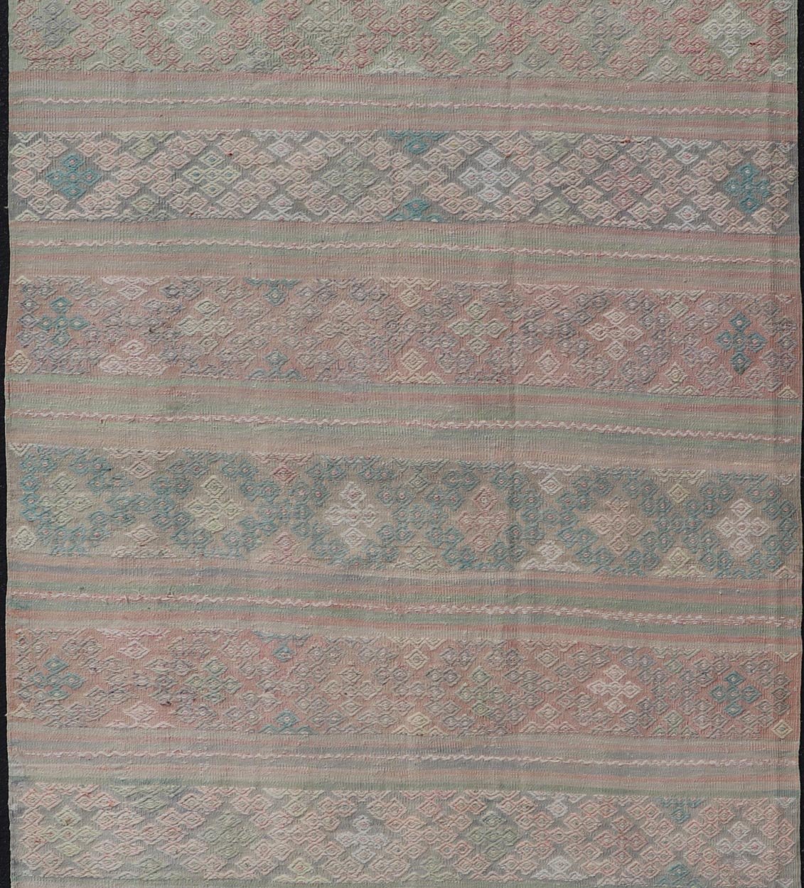 Measures: 5'9 x 11'0 Turkish Flat - Weave Hand Woven Kilim with Diamond Embroideries in Green & Pink. Keivan Woven Arts / rug EN - 14444, country of origin / type: Turkey / Kilim, circa 1950 This vintage Turkish Kilim rug features a contemporary ... - Keivan Woven ArtsEN - 14444 - 21811Rug