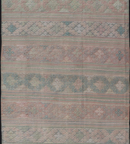 Measures: 5'9 x 11'0 Turkish Flat - Weave Hand Woven Kilim with Diamond Embroideries in Green & Pink. Keivan Woven Arts / rug EN - 14444, country of origin / type: Turkey / Kilim, circa 1950 This vintage Turkish Kilim rug features a contemporary ... - Keivan Woven ArtsEN - 14444 - 21811Rug