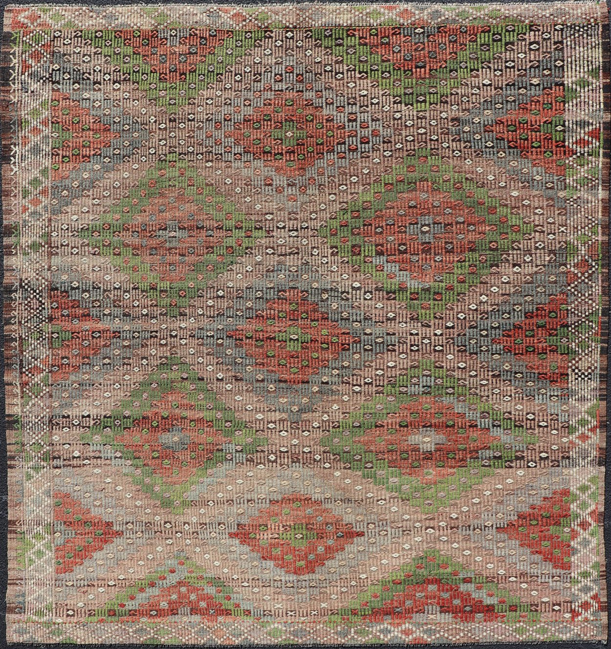 Vintage Turkish Embroidered Flat - Weave Rug with Geometric Design With Green Measures: 7'1 x 8'1 Vintage Turkish Embroidered Flat - Weave Rug with Geometric Design With Green. Keivan Woven Arts - Geometric design vintage Kilim rug from Turkey r... - Keivan Woven ArtsEN - 14459 - 22962Rug