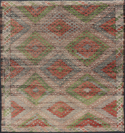 Vintage Turkish Embroidered Flat - Weave Rug with Geometric Design With Green Measures: 7'1 x 8'1 Vintage Turkish Embroidered Flat - Weave Rug with Geometric Design With Green. Keivan Woven Arts - Geometric design vintage Kilim rug from Turkey r... - Keivan Woven ArtsEN - 14459 - 22962Rug