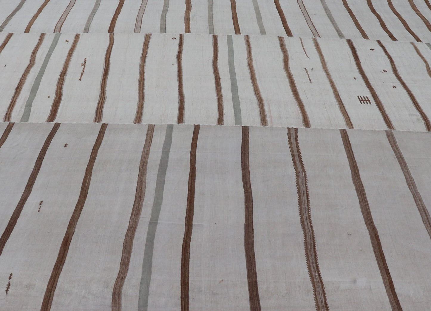 Measures: 13'7 x 15'7 Large Turkish Vintage Flat - Weave in Light Brown and Cream with Stripe Design. Keivan Woven Arts / rug EN - 14462, country of origin / type: Turkey / Kilim, circa 1950 This vintage striped design Turkish Kilim rendered in shade... - Keivan Woven ArtsEN - 14462 - 22764Rug
