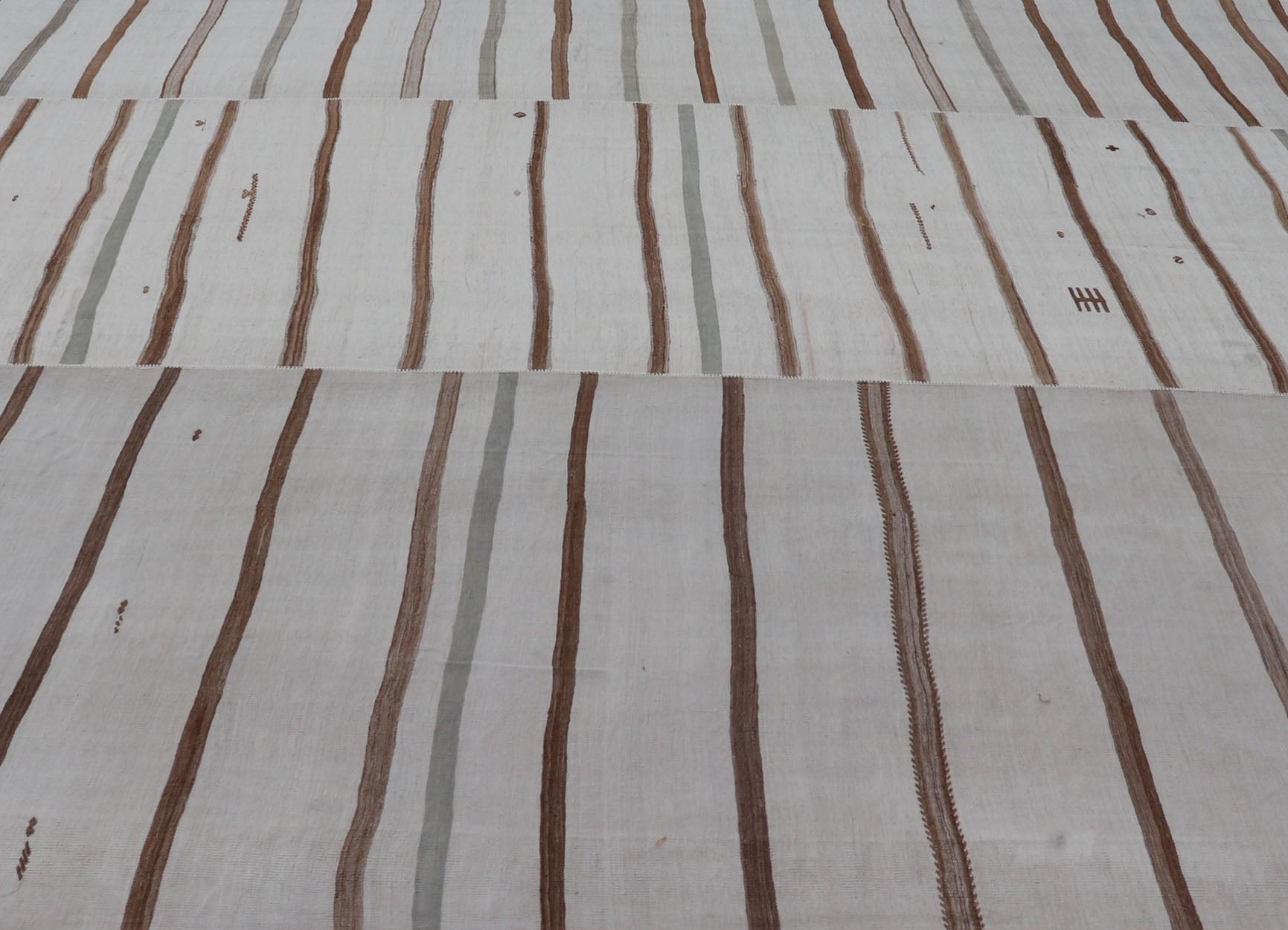 Measures: 13'7 x 15'7 Large Turkish Vintage Flat - Weave in Light Brown and Cream with Stripe Design. Keivan Woven Arts / rug EN - 14462, country of origin / type: Turkey / Kilim, circa 1950 This vintage striped design Turkish Kilim rendered in shade... - Keivan Woven ArtsEN - 14462 - 22764Rug