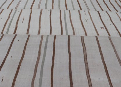 Measures: 13'7 x 15'7 Large Turkish Vintage Flat - Weave in Light Brown and Cream with Stripe Design. Keivan Woven Arts / rug EN - 14462, country of origin / type: Turkey / Kilim, circa 1950 This vintage striped design Turkish Kilim rendered in shade... - Keivan Woven ArtsEN - 14462 - 22764Rug