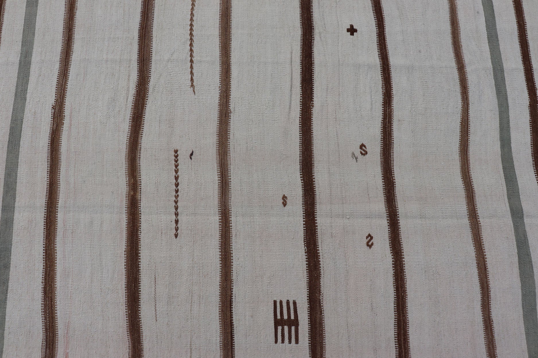Measures: 13'7 x 15'7 Large Turkish Vintage Flat - Weave in Light Brown and Cream with Stripe Design. Keivan Woven Arts / rug EN - 14462, country of origin / type: Turkey / Kilim, circa 1950 This vintage striped design Turkish Kilim rendered in shade... - Keivan Woven ArtsEN - 14462 - 22764Rug