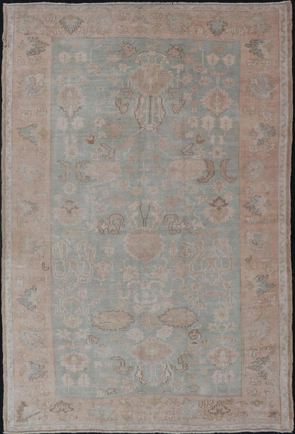 Light Colored Turkish Vintage Oushak Rug with All - Over Design in Light Green. Country of Origin: Turkey; Type: Oushak; Design: Medallion, Floral Medallion, All - Over, Floral; Keivan Woven Arts; rug EN - 14475; Light and Muted Colored Turkish Vintage Ousha... - Keivan Woven ArtsEN - 14475 - 23756Rug