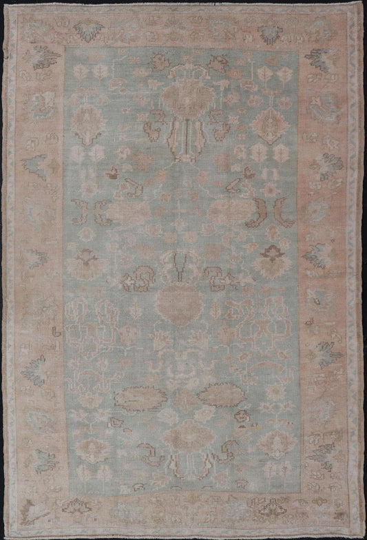 Light Colored Turkish Vintage Oushak Rug with All - Over Design in Light Green. Country of Origin: Turkey; Type: Oushak; Design: Medallion, Floral Medallion, All - Over, Floral; Keivan Woven Arts; rug EN - 14475; Light and Muted Colored Turkish Vintage Ousha... - Keivan Woven ArtsEN - 14475 - 23756Rug