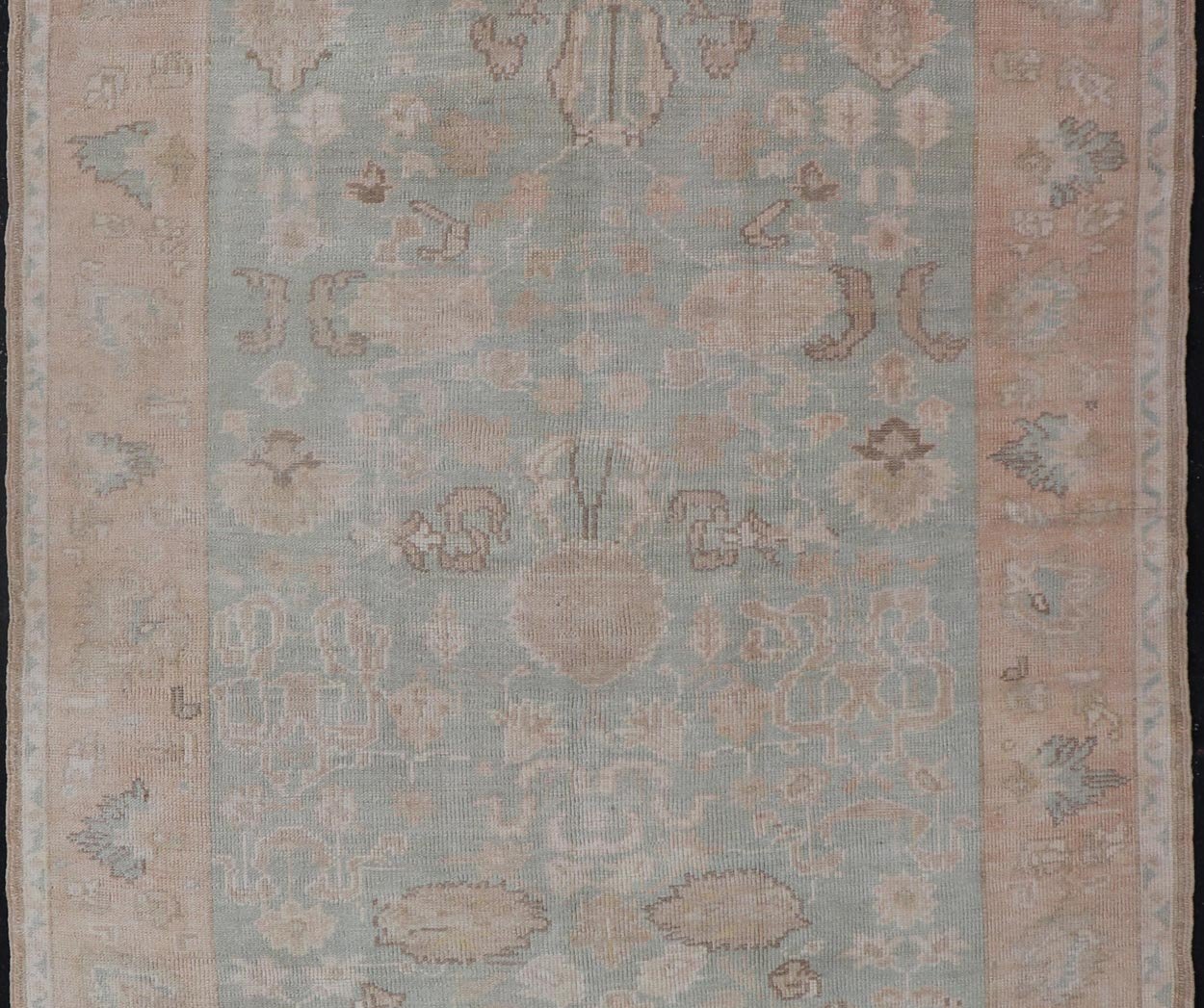 Light Colored Turkish Vintage Oushak Rug with All - Over Design in Light Green. Country of Origin: Turkey; Type: Oushak; Design: Medallion, Floral Medallion, All - Over, Floral; Keivan Woven Arts; rug EN - 14475; Light and Muted Colored Turkish Vintage Ousha... - Keivan Woven ArtsEN - 14475 - 23756Rug