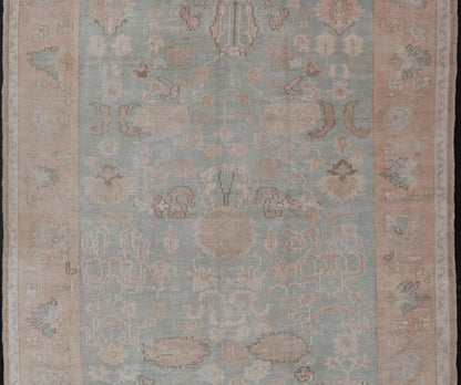 Light Colored Turkish Vintage Oushak Rug with All - Over Design in Light Green. Country of Origin: Turkey; Type: Oushak; Design: Medallion, Floral Medallion, All - Over, Floral; Keivan Woven Arts; rug EN - 14475; Light and Muted Colored Turkish Vintage Ousha... - Keivan Woven ArtsEN - 14475 - 23756Rug