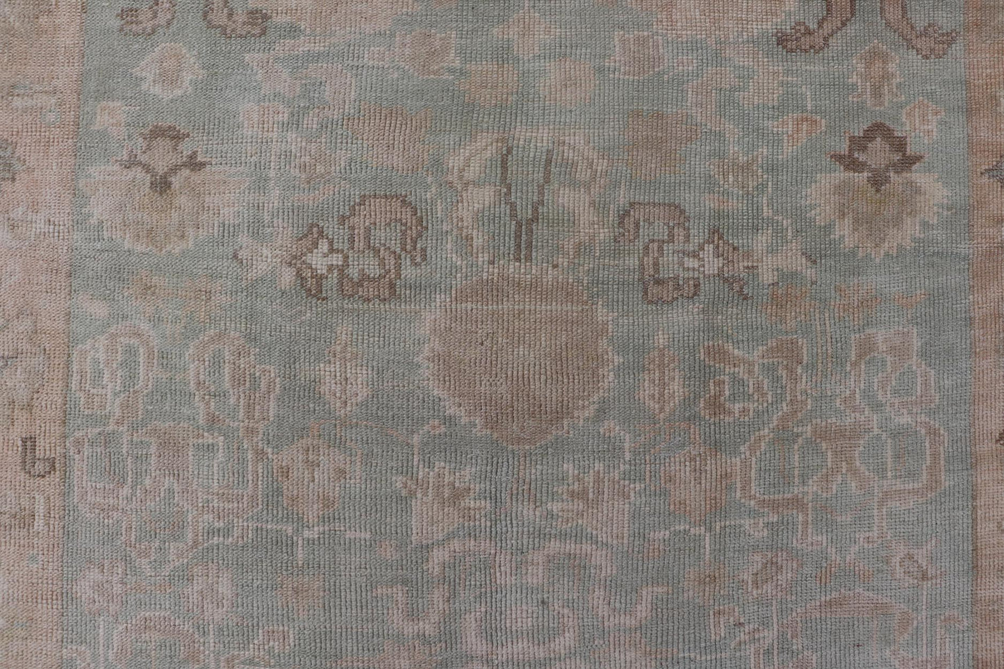 Light Colored Turkish Vintage Oushak Rug with All - Over Design in Light Green. Country of Origin: Turkey; Type: Oushak; Design: Medallion, Floral Medallion, All - Over, Floral; Keivan Woven Arts; rug EN - 14475; Light and Muted Colored Turkish Vintage Ousha... - Keivan Woven ArtsEN - 14475 - 23756Rug