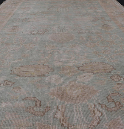 Light Colored Turkish Vintage Oushak Rug with All - Over Design in Light Green. Country of Origin: Turkey; Type: Oushak; Design: Medallion, Floral Medallion, All - Over, Floral; Keivan Woven Arts; rug EN - 14475; Light and Muted Colored Turkish Vintage Ousha... - Keivan Woven ArtsEN - 14475 - 23756Rug