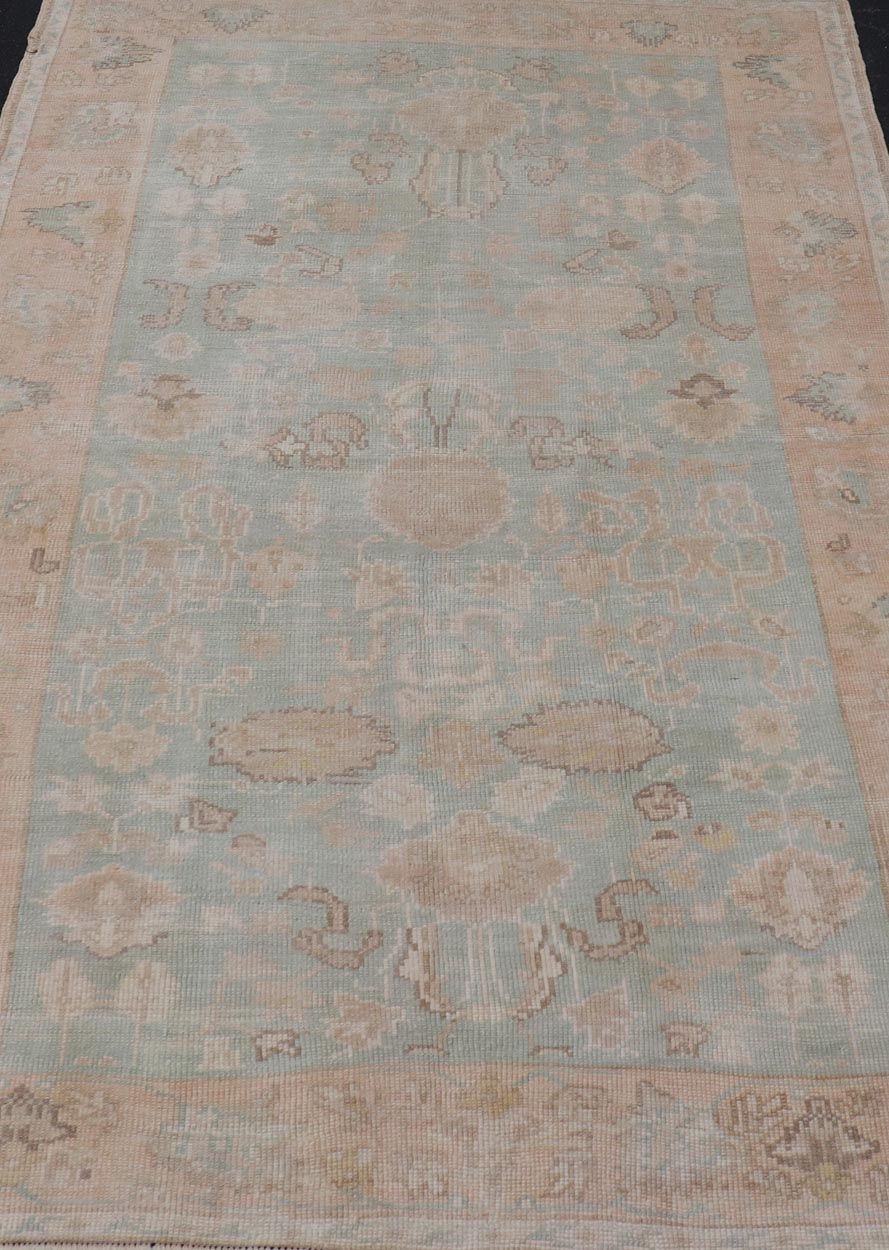 Light Colored Turkish Vintage Oushak Rug with All - Over Design in Light Green. Country of Origin: Turkey; Type: Oushak; Design: Medallion, Floral Medallion, All - Over, Floral; Keivan Woven Arts; rug EN - 14475; Light and Muted Colored Turkish Vintage Ousha... - Keivan Woven ArtsEN - 14475 - 23756Rug