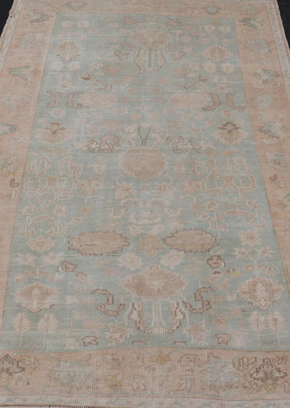 Light Colored Turkish Vintage Oushak Rug with All - Over Design in Light Green. Country of Origin: Turkey; Type: Oushak; Design: Medallion, Floral Medallion, All - Over, Floral; Keivan Woven Arts; rug EN - 14475; Light and Muted Colored Turkish Vintage Ousha... - Keivan Woven ArtsEN - 14475 - 23756Rug