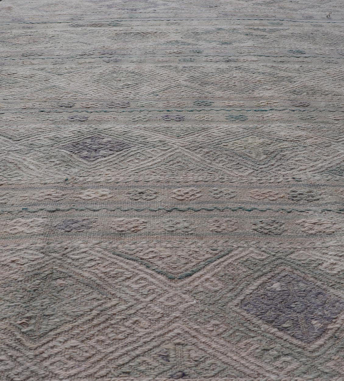 Measures: 5'5 x 8'1 Vintage Turkish Flat - Weave Kilim with Stripes and Embroideries With Gray - Green. Keivan Woven Arts / rug EN - 14481, country of origin / type: Turkey / Kilim, circa 1950 - Keivan Woven ArtsEN - 14481 - 21823Rug