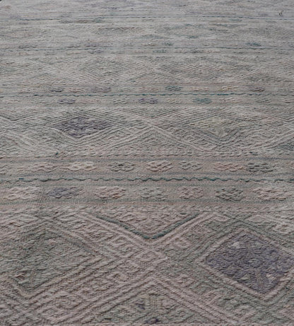 Measures: 5'5 x 8'1 Vintage Turkish Flat - Weave Kilim with Stripes and Embroideries With Gray - Green. Keivan Woven Arts / rug EN - 14481, country of origin / type: Turkey / Kilim, circa 1950 - Keivan Woven ArtsEN - 14481 - 21823Rug