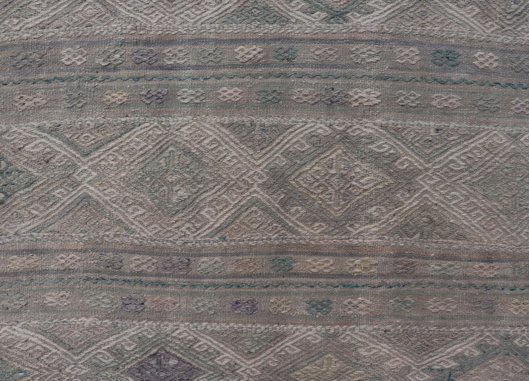 Measures: 5'5 x 8'1 Vintage Turkish Flat - Weave Kilim with Stripes and Embroideries With Gray - Green. Keivan Woven Arts / rug EN - 14481, country of origin / type: Turkey / Kilim, circa 1950 - Keivan Woven ArtsEN - 14481 - 21823Rug