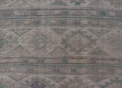 Measures: 5'5 x 8'1 Vintage Turkish Flat - Weave Kilim with Stripes and Embroideries With Gray - Green. Keivan Woven Arts / rug EN - 14481, country of origin / type: Turkey / Kilim, circa 1950 - Keivan Woven ArtsEN - 14481 - 21823Rug