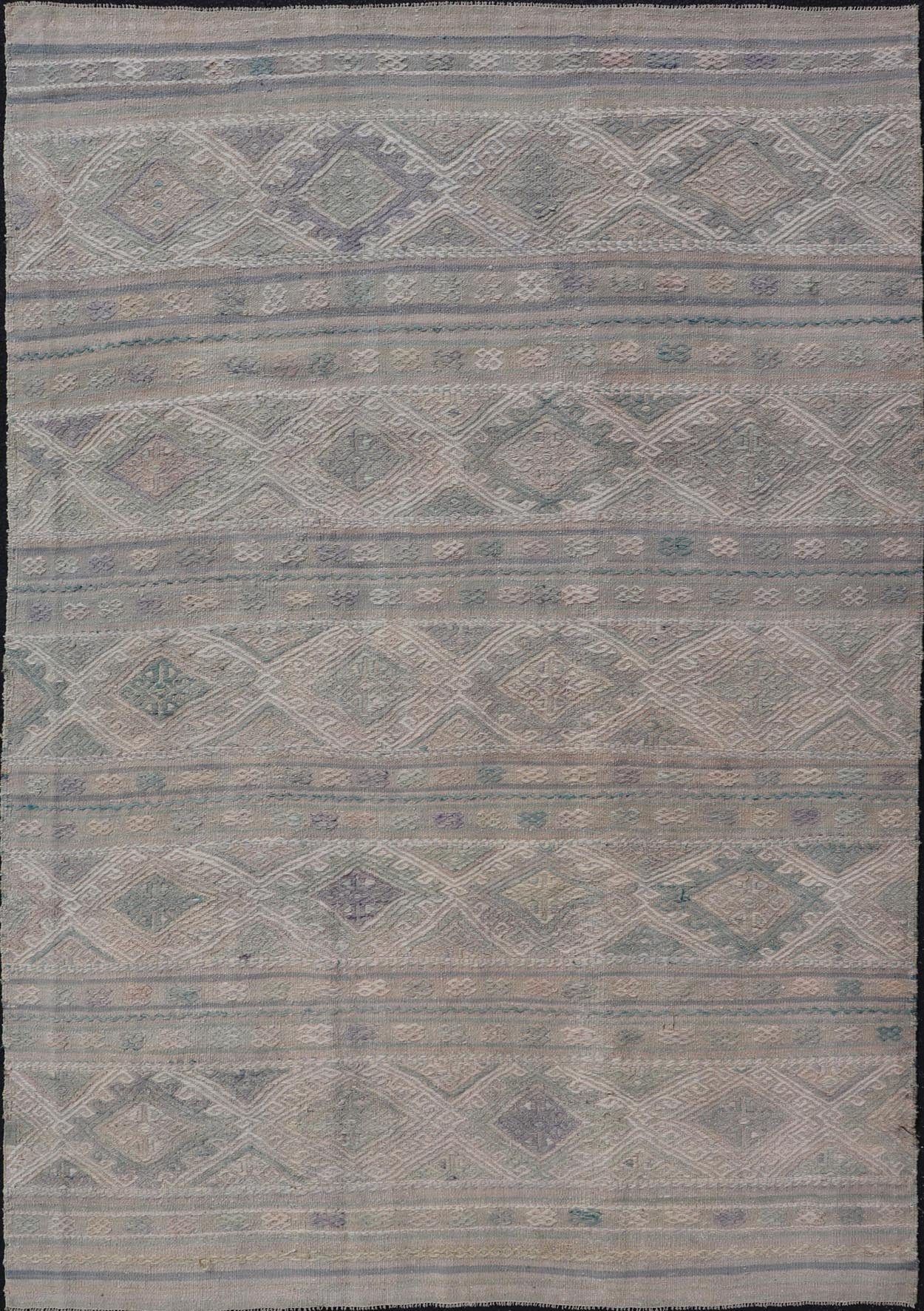 Measures: 5'5 x 8'1 Vintage Turkish Flat - Weave Kilim with Stripes and Embroideries With Gray - Green. Keivan Woven Arts / rug EN - 14481, country of origin / type: Turkey / Kilim, circa 1950 - Keivan Woven ArtsEN - 14481 - 21823Rug