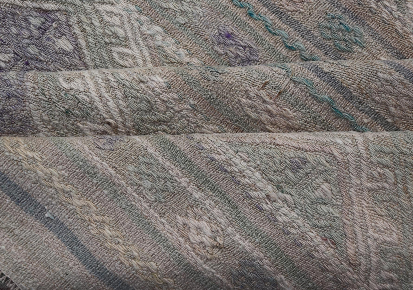 Measures: 5'5 x 8'1 Vintage Turkish Flat - Weave Kilim with Stripes and Embroideries With Gray - Green. Keivan Woven Arts / rug EN - 14481, country of origin / type: Turkey / Kilim, circa 1950 - Keivan Woven ArtsEN - 14481 - 21823Rug