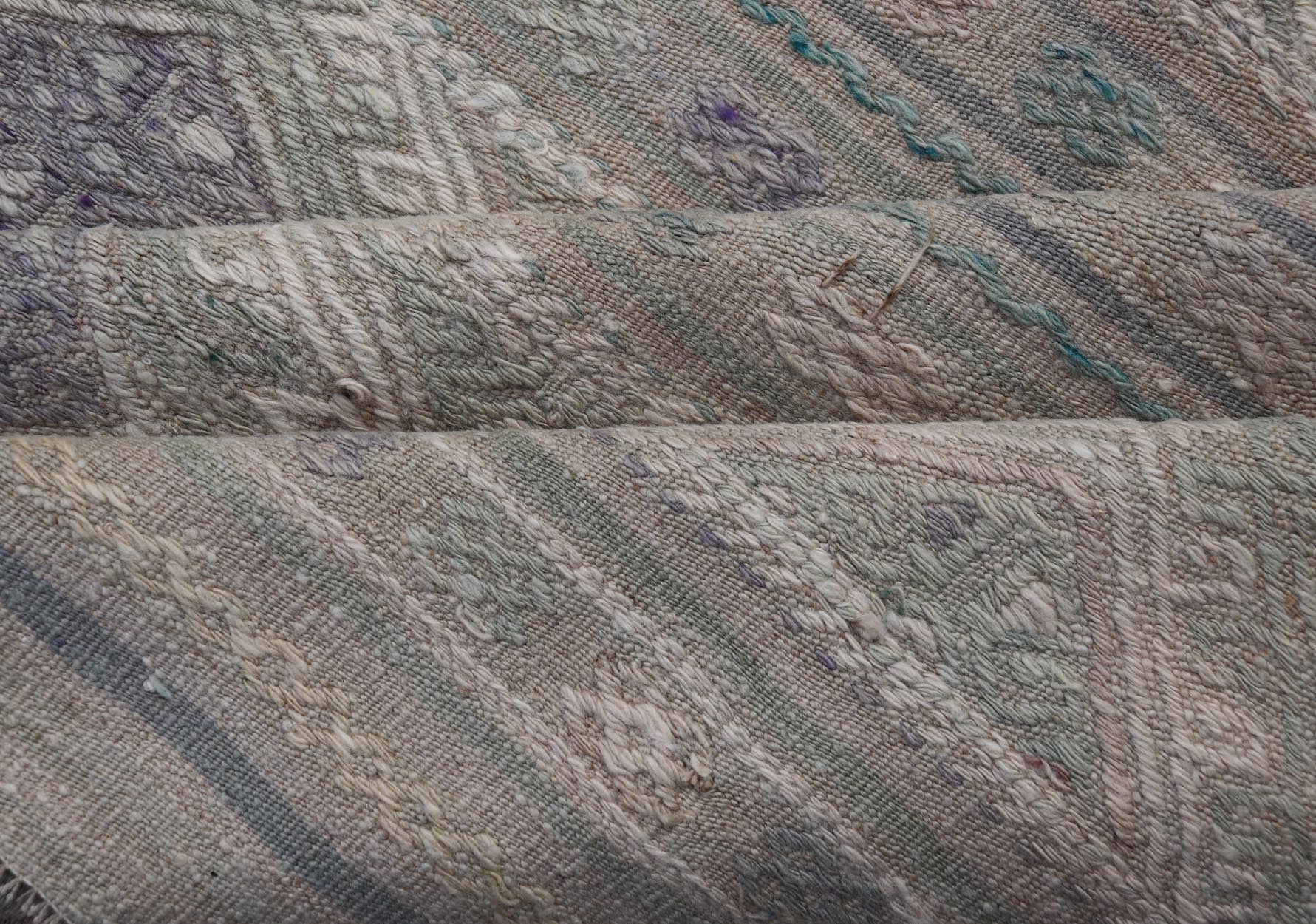 Measures: 5'5 x 8'1 Vintage Turkish Flat - Weave Kilim with Stripes and Embroideries With Gray - Green. Keivan Woven Arts / rug EN - 14481, country of origin / type: Turkey / Kilim, circa 1950 - Keivan Woven ArtsEN - 14481 - 21823Rug