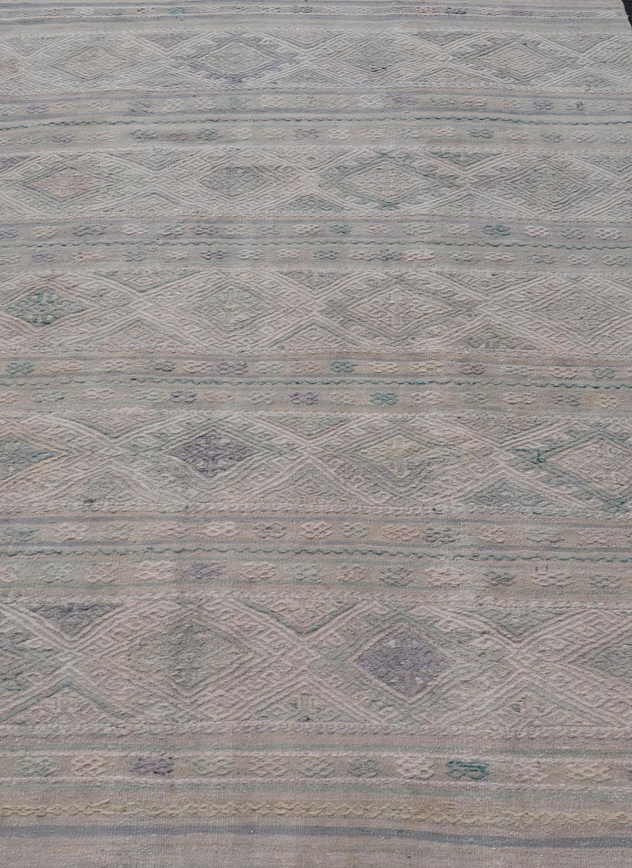 Measures: 5'5 x 8'1 Vintage Turkish Flat - Weave Kilim with Stripes and Embroideries With Gray - Green. Keivan Woven Arts / rug EN - 14481, country of origin / type: Turkey / Kilim, circa 1950 - Keivan Woven ArtsEN - 14481 - 21823Rug