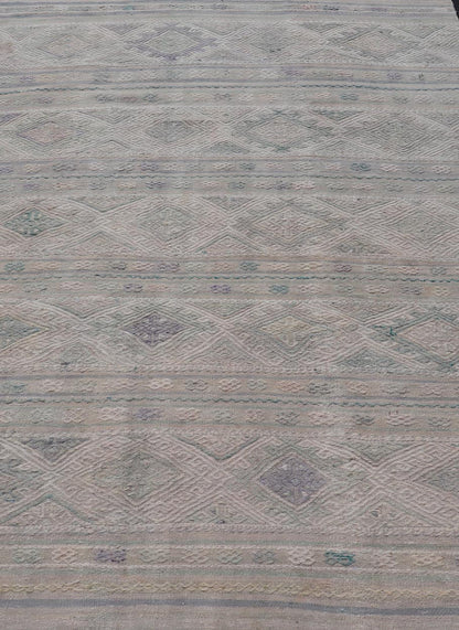 Measures: 5'5 x 8'1 Vintage Turkish Flat - Weave Kilim with Stripes and Embroideries With Gray - Green. Keivan Woven Arts / rug EN - 14481, country of origin / type: Turkey / Kilim, circa 1950 - Keivan Woven ArtsEN - 14481 - 21823Rug