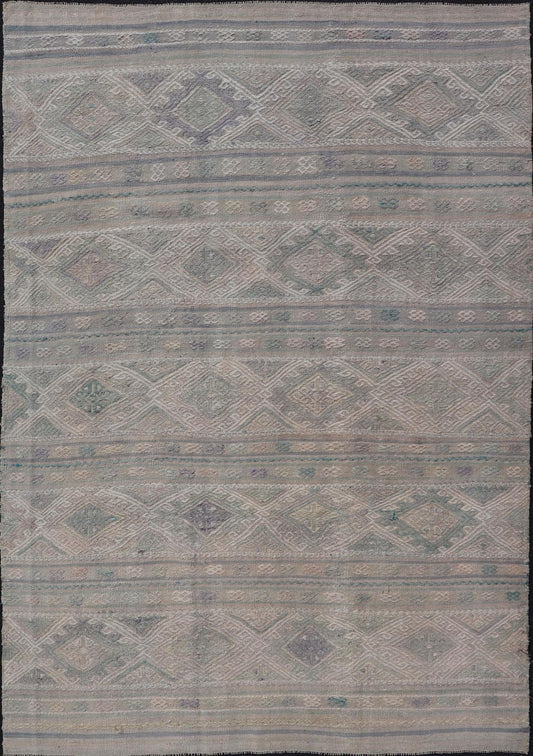 Measures: 5'5 x 8'1 Vintage Turkish Flat - Weave Kilim with Stripes and Embroideries With Gray - Green. Keivan Woven Arts / rug EN - 14481, country of origin / type: Turkey / Kilim, circa 1950 - Keivan Woven ArtsEN - 14481 - 21823