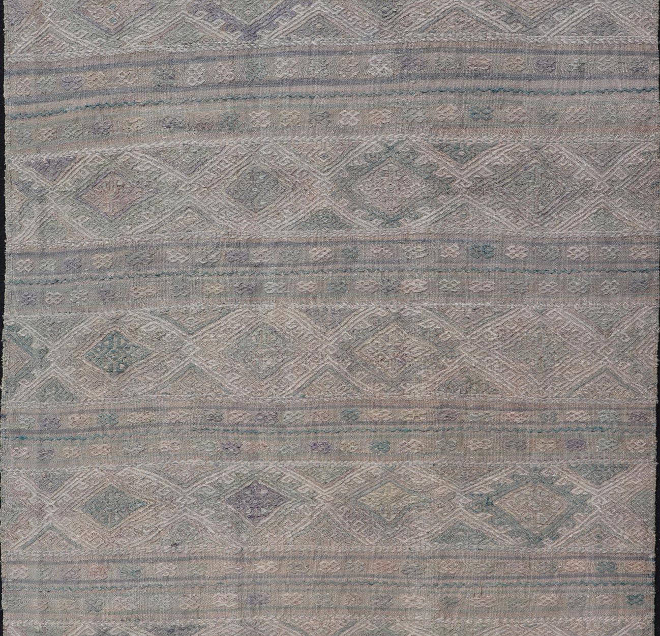 Measures: 5'5 x 8'1 Vintage Turkish Flat - Weave Kilim with Stripes and Embroideries With Gray - Green. Keivan Woven Arts / rug EN - 14481, country of origin / type: Turkey / Kilim, circa 1950 - Keivan Woven ArtsEN - 14481 - 21823Rug
