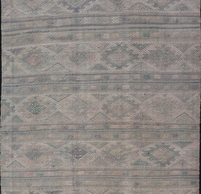 Measures: 5'5 x 8'1 Vintage Turkish Flat - Weave Kilim with Stripes and Embroideries With Gray - Green. Keivan Woven Arts / rug EN - 14481, country of origin / type: Turkey / Kilim, circa 1950 - Keivan Woven ArtsEN - 14481 - 21823Rug