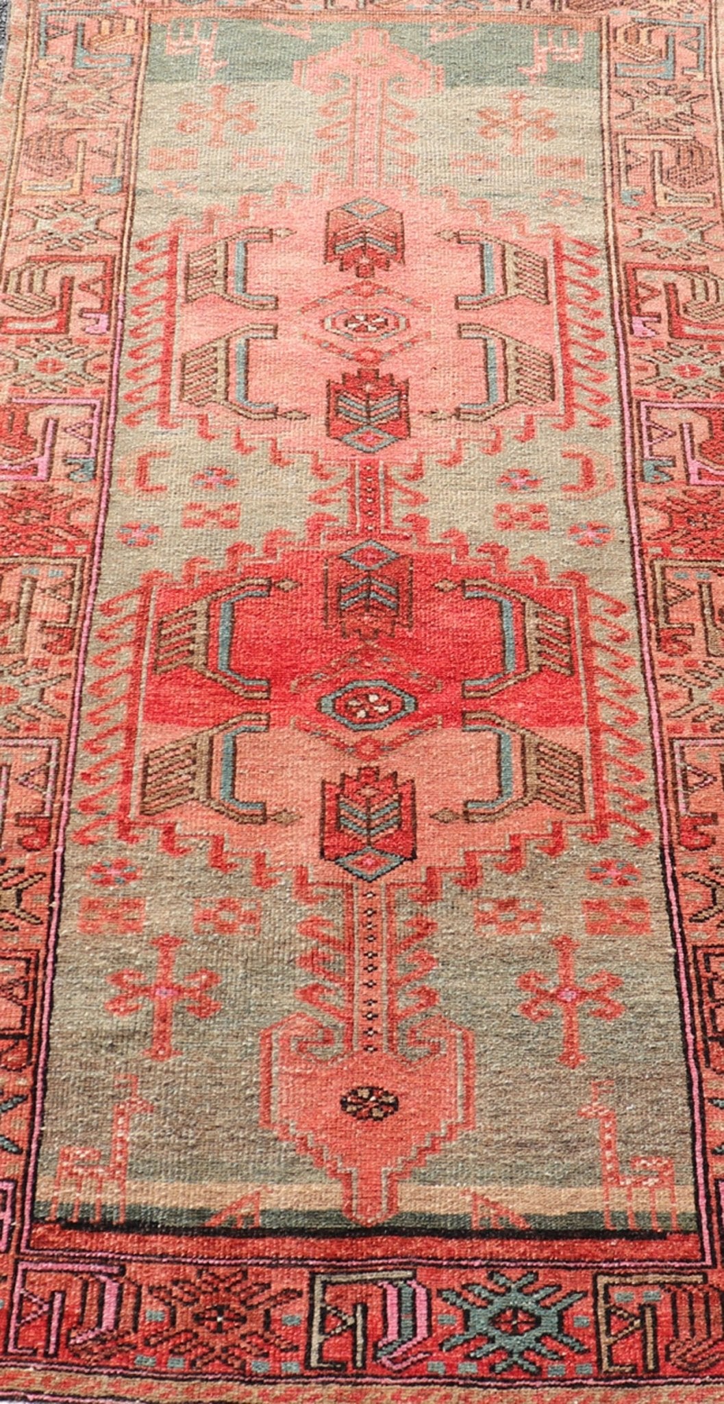 Measures: 3'1 x 6'4 Antique Persian Hamadan Rug with Colorful Geometric Medallion's With Light Green Keivan Woven Arts / rug EN - 14482, country of origin / type: Iran / Hamadan, circa 1930. This antique Persian Hamadan rug (circa early 20th ce... - Keivan Woven ArtsEN - 14482 - 22596Rug