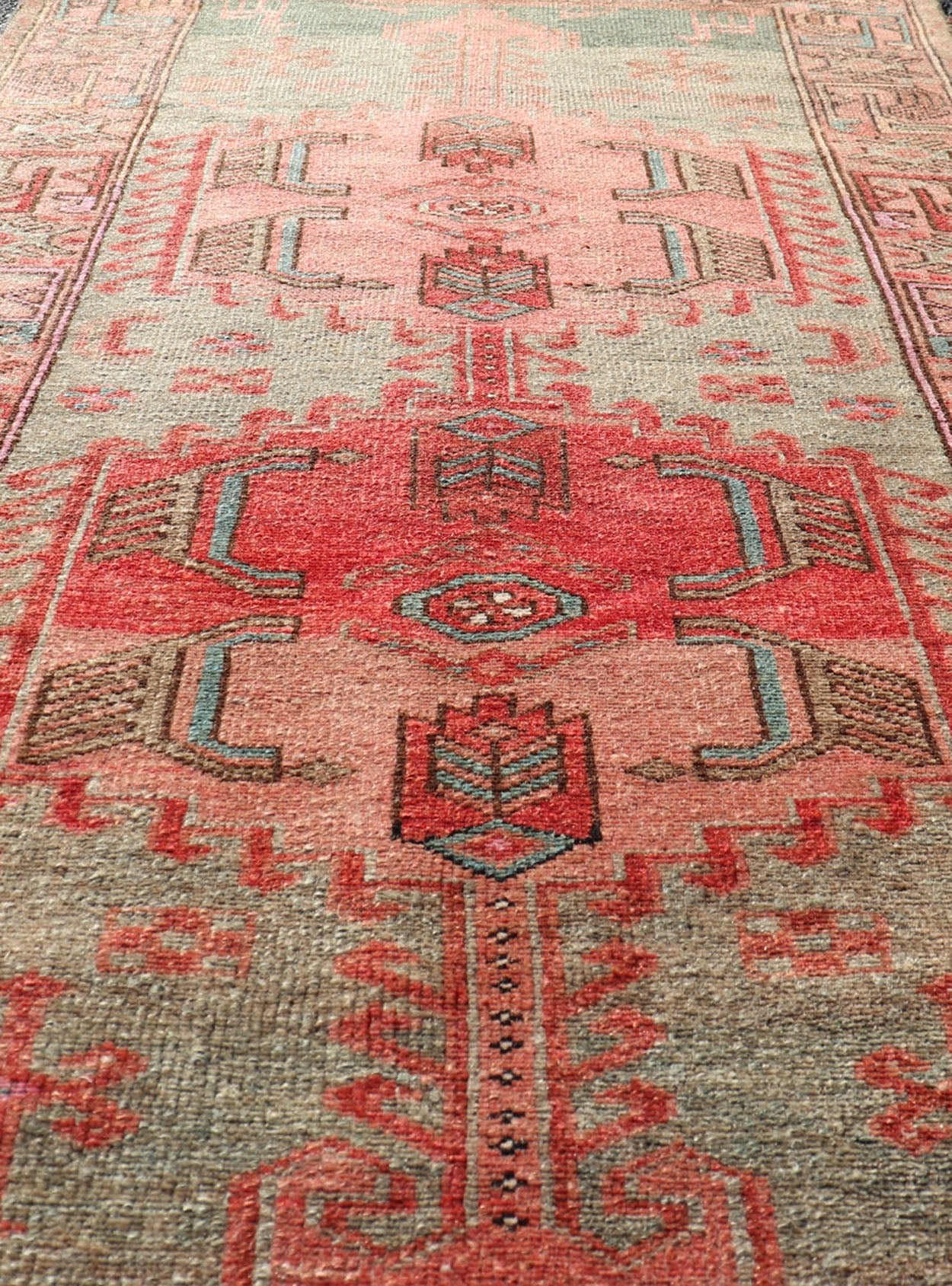 Measures: 3'1 x 6'4 Antique Persian Hamadan Rug with Colorful Geometric Medallion's With Light Green Keivan Woven Arts / rug EN - 14482, country of origin / type: Iran / Hamadan, circa 1930. This antique Persian Hamadan rug (circa early 20th ce... - Keivan Woven ArtsEN - 14482 - 22596Rug