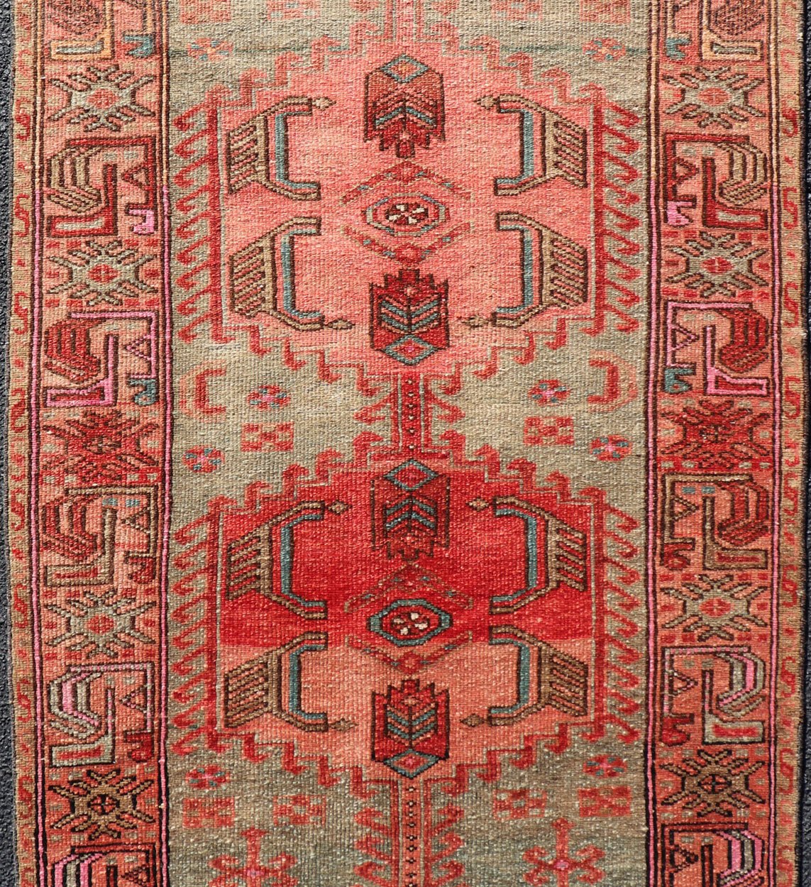 Measures: 3'1 x 6'4 Antique Persian Hamadan Rug with Colorful Geometric Medallion's With Light Green Keivan Woven Arts / rug EN - 14482, country of origin / type: Iran / Hamadan, circa 1930. This antique Persian Hamadan rug (circa early 20th ce... - Keivan Woven ArtsEN - 14482 - 22596Rug