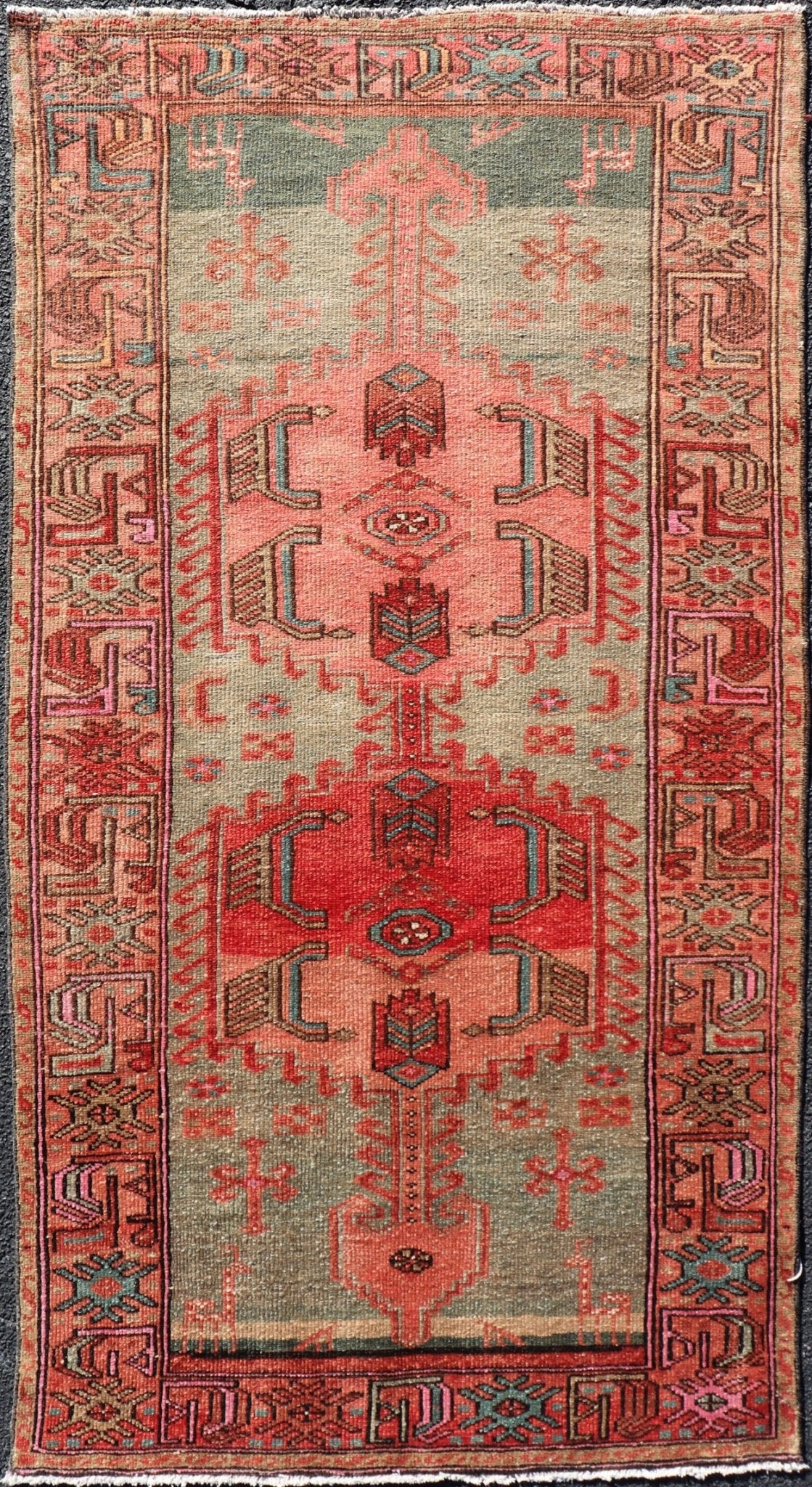 Measures: 3'1 x 6'4 Antique Persian Hamadan Rug with Colorful Geometric Medallion's With Light Green Keivan Woven Arts / rug EN - 14482, country of origin / type: Iran / Hamadan, circa 1930. This antique Persian Hamadan rug (circa early 20th ce... - Keivan Woven ArtsEN - 14482 - 22596Rug