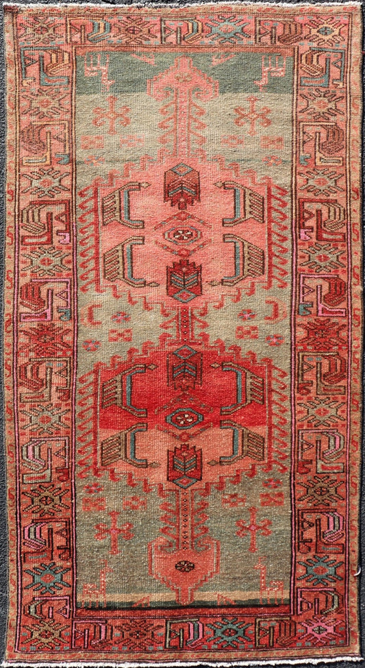 Measures: 3'1 x 6'4 Antique Persian Hamadan Rug with Colorful Geometric Medallion's With Light Green Keivan Woven Arts / rug EN - 14482, country of origin / type: Iran / Hamadan, circa 1930. This antique Persian Hamadan rug (circa early 20th ce... - Keivan Woven ArtsEN - 14482 - 22596Rug