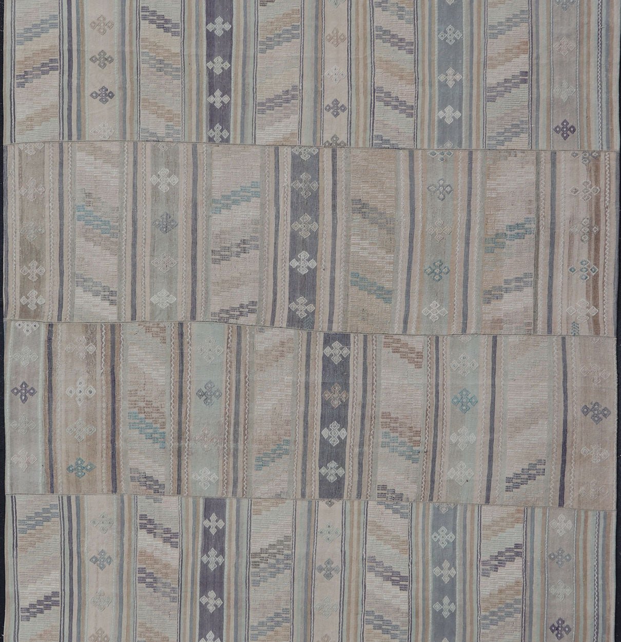 Measures: 9'5 x 16'6 Vintage Hand Woven Turkish Paneled Kilim Vintage Rug in Muted Colors. Keivan Woven Arts / rug EN - 14488 country of origin / type: Turkey / Kilim, circa mid - 20th century Hand Woven large vintage Turkish paneled in cream, b... - Keivan Woven ArtsEN - 14488 - 22776Rug