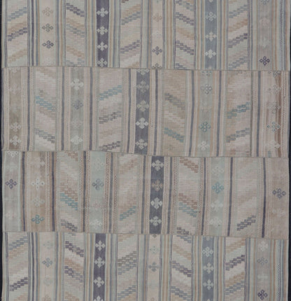 Measures: 9'5 x 16'6 Vintage Hand Woven Turkish Paneled Kilim Vintage Rug in Muted Colors. Keivan Woven Arts / rug EN - 14488 country of origin / type: Turkey / Kilim, circa mid - 20th century Hand Woven large vintage Turkish paneled in cream, b... - Keivan Woven ArtsEN - 14488 - 22776Rug