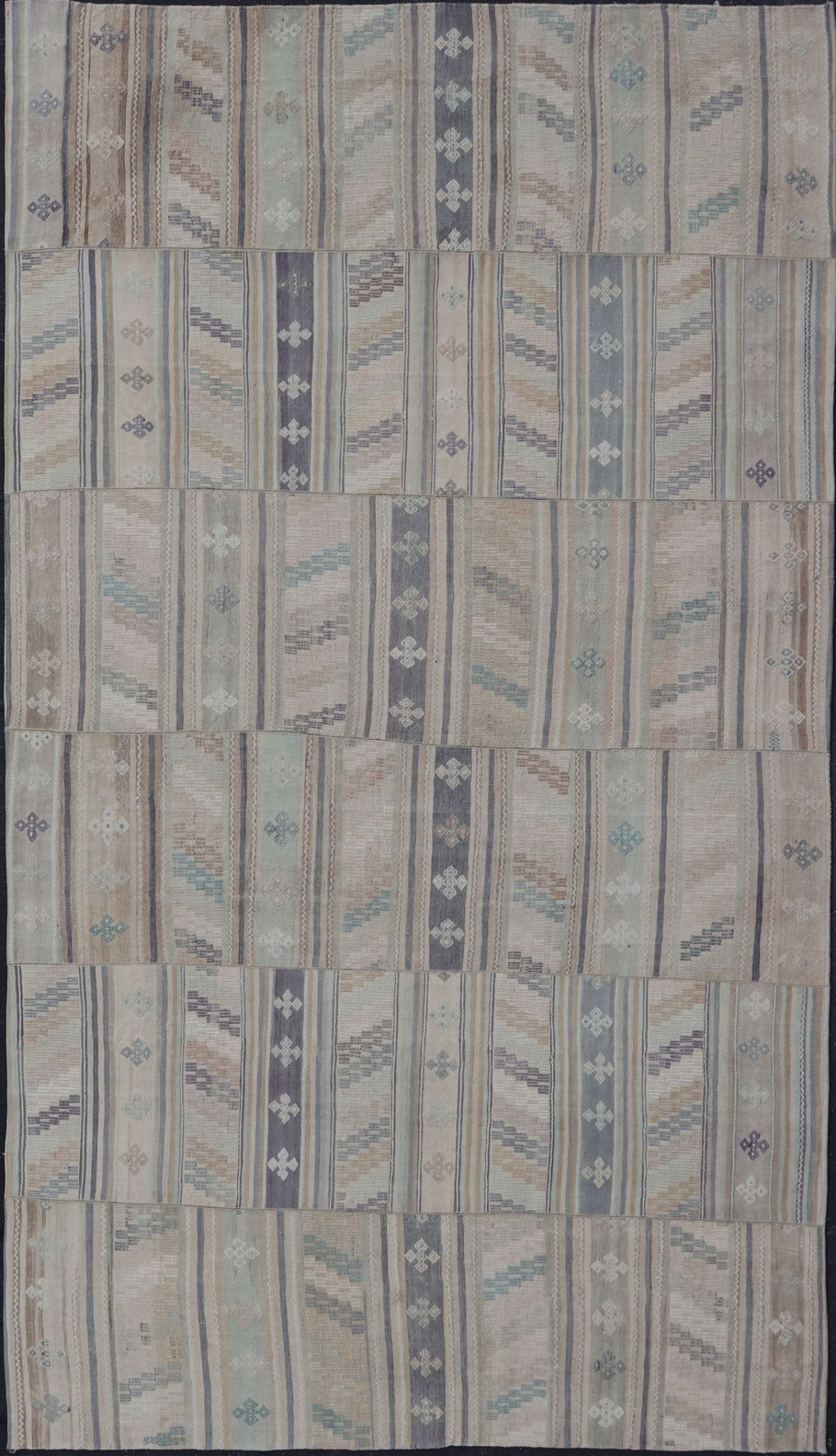 Measures: 9'5 x 16'6 Vintage Hand Woven Turkish Paneled Kilim Vintage Rug in Muted Colors. Keivan Woven Arts / rug EN - 14488 country of origin / type: Turkey / Kilim, circa mid - 20th century Hand Woven large vintage Turkish paneled in cream, b... - Keivan Woven ArtsEN - 14488 - 22776Rug