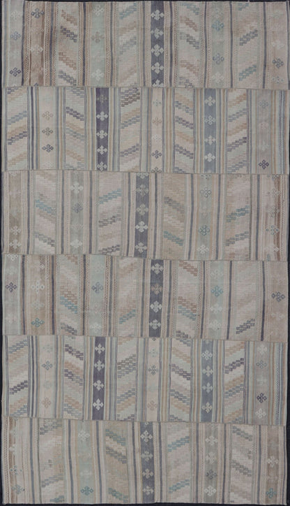 Measures: 9'5 x 16'6 Vintage Hand Woven Turkish Paneled Kilim Vintage Rug in Muted Colors. Keivan Woven Arts / rug EN - 14488 country of origin / type: Turkey / Kilim, circa mid - 20th century Hand Woven large vintage Turkish paneled in cream, b... - Keivan Woven ArtsEN - 14488 - 22776Rug