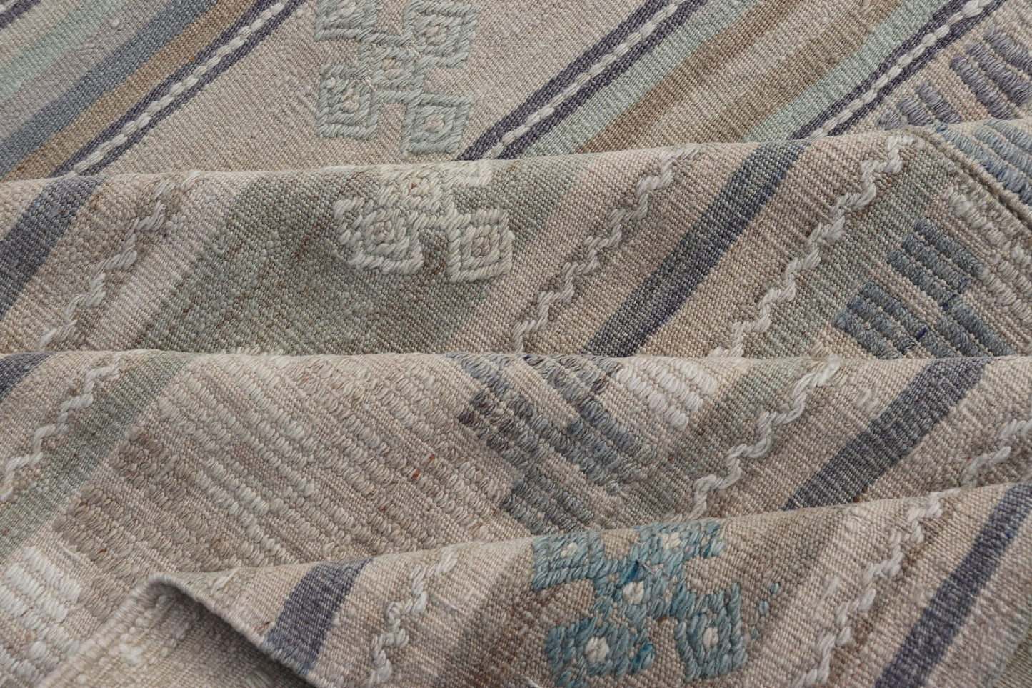 Measures: 9'5 x 16'6 Vintage Hand Woven Turkish Paneled Kilim Vintage Rug in Muted Colors. Keivan Woven Arts / rug EN - 14488 country of origin / type: Turkey / Kilim, circa mid - 20th century Hand Woven large vintage Turkish paneled in cream, b... - Keivan Woven ArtsEN - 14488 - 22776Rug