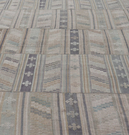 Measures: 9'5 x 16'6 Vintage Hand Woven Turkish Paneled Kilim Vintage Rug in Muted Colors. Keivan Woven Arts / rug EN - 14488 country of origin / type: Turkey / Kilim, circa mid - 20th century Hand Woven large vintage Turkish paneled in cream, b... - Keivan Woven ArtsEN - 14488 - 22776Rug