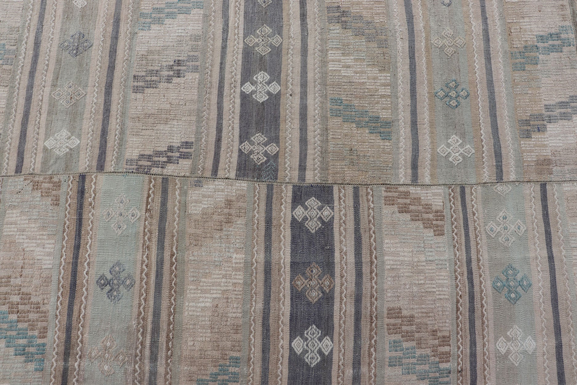 Measures: 9'5 x 16'6 Vintage Hand Woven Turkish Paneled Kilim Vintage Rug in Muted Colors. Keivan Woven Arts / rug EN - 14488 country of origin / type: Turkey / Kilim, circa mid - 20th century Hand Woven large vintage Turkish paneled in cream, b... - Keivan Woven ArtsEN - 14488 - 22776Rug