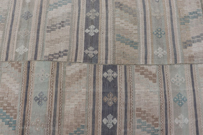 Measures: 9'5 x 16'6 Vintage Hand Woven Turkish Paneled Kilim Vintage Rug in Muted Colors. Keivan Woven Arts / rug EN - 14488 country of origin / type: Turkey / Kilim, circa mid - 20th century Hand Woven large vintage Turkish paneled in cream, b... - Keivan Woven ArtsEN - 14488 - 22776Rug