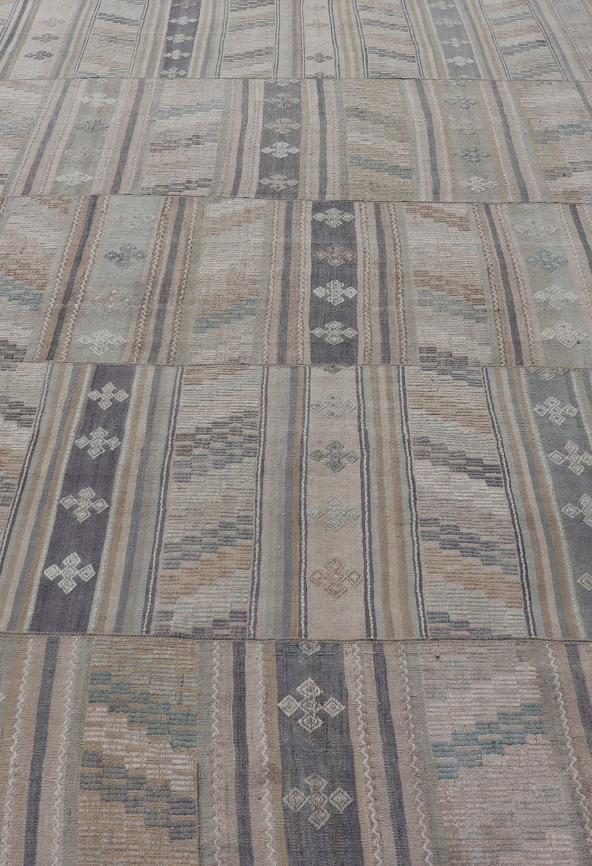 Measures: 9'5 x 16'6 Vintage Hand Woven Turkish Paneled Kilim Vintage Rug in Muted Colors. Keivan Woven Arts / rug EN - 14488 country of origin / type: Turkey / Kilim, circa mid - 20th century Hand Woven large vintage Turkish paneled in cream, b... - Keivan Woven ArtsEN - 14488 - 22776Rug