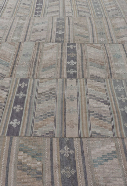 Measures: 9'5 x 16'6 Vintage Hand Woven Turkish Paneled Kilim Vintage Rug in Muted Colors. Keivan Woven Arts / rug EN - 14488 country of origin / type: Turkey / Kilim, circa mid - 20th century Hand Woven large vintage Turkish paneled in cream, b... - Keivan Woven ArtsEN - 14488 - 22776Rug